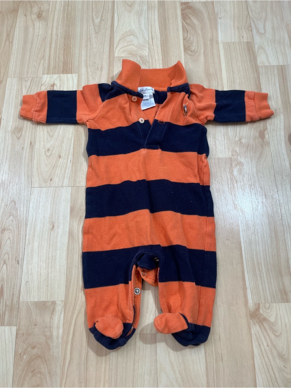 RALPH LAUREN FOOTED ROMPER ONE PIECE ORANGE BLUE STRIPE POLO COLLAR 3M